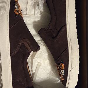 Coach Dark Brown Suede Slip-On Loafers with Floral Embroidery